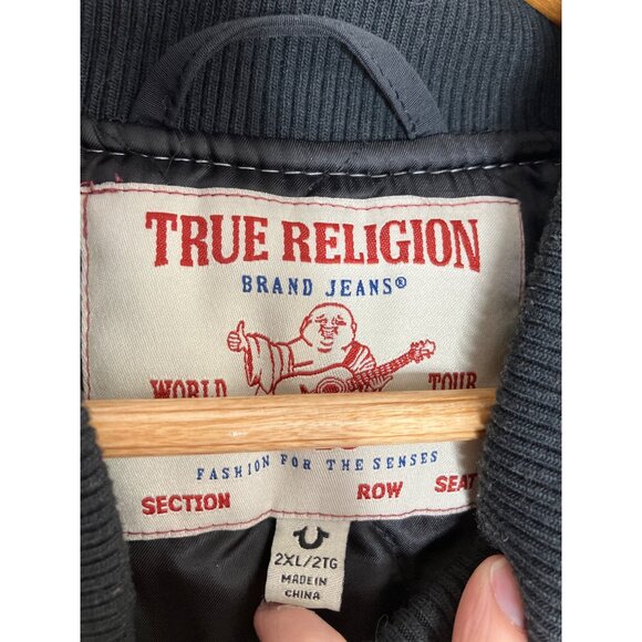 True Religion Mens Quilted Bomber Jacket 2XL Black With Contrast Thick Stitch - Picture 4 of 10
